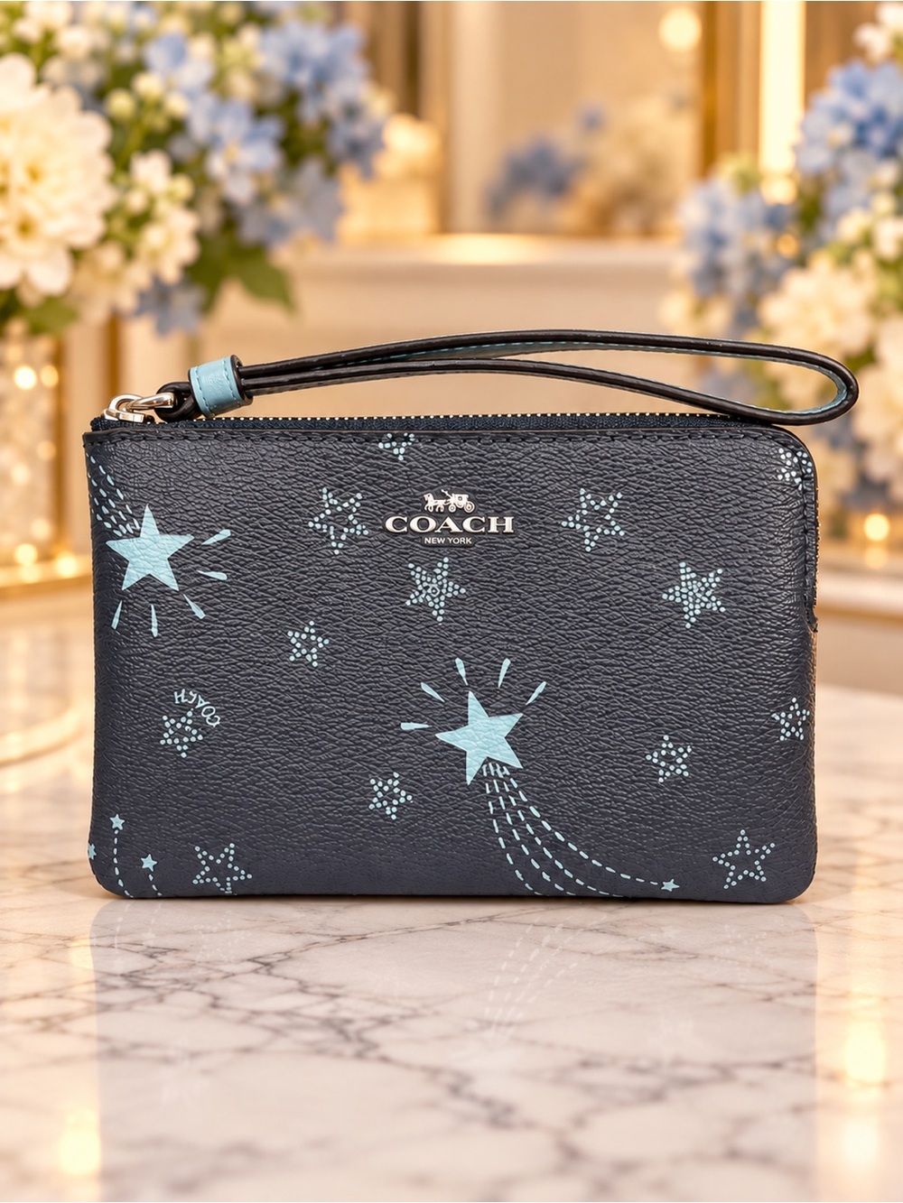 Coach Shooting Stars Print Navy Corner Zip Wristlet F39120 NWOT